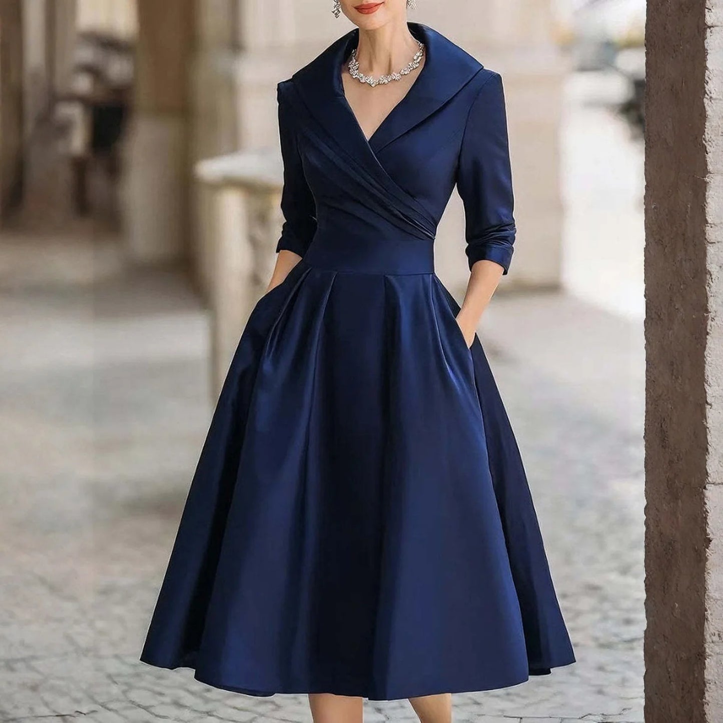 Women's Casual Fashion V-neck Retro Dress Elegant Waist Slimming Long-sleeved Party Dress Solid Color High Waist Commute Dress