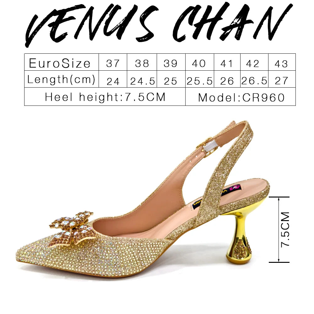 Venus Chan Green Color Pointed-Toe High Women Heels Shoes and Bags for Women Rhinestone Evening Party Elegant Luxury Handbag