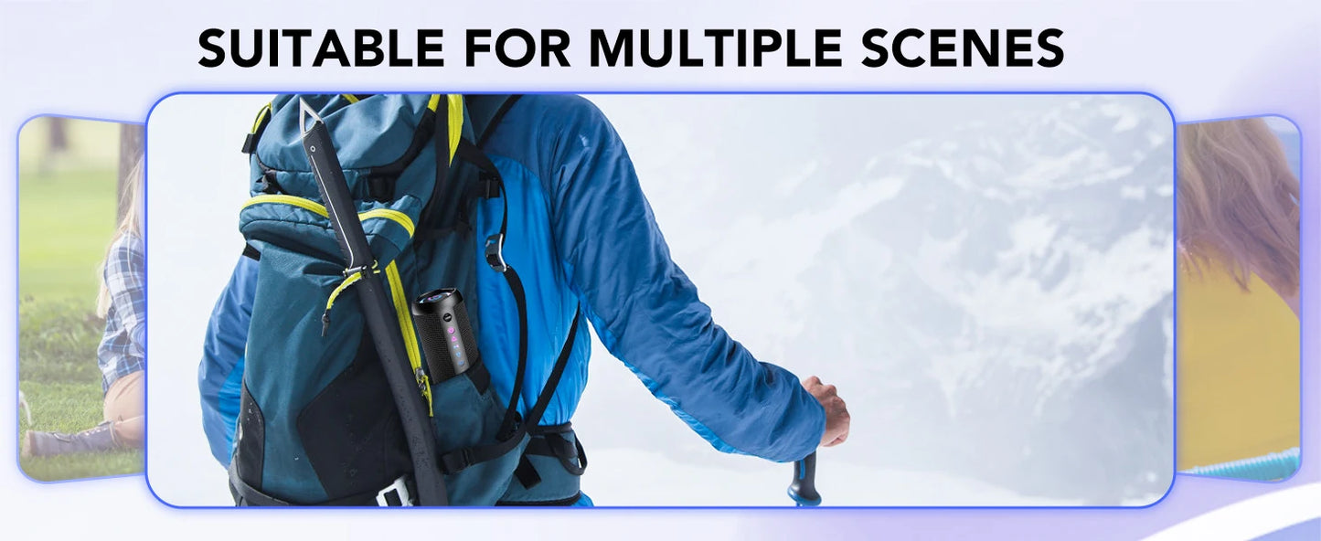 مكبر صوت محمول بتقنية بلوتوث، مكبر صوت بتقنية بلوتوث 5.4، مكبر صوت مزدوج بقوة 30 وات، صوت جهير عميق، مدة تشغيل تصل إلى 30 ساعة، 3 أوضاع معادل صوت، أضواء RGB ملونة