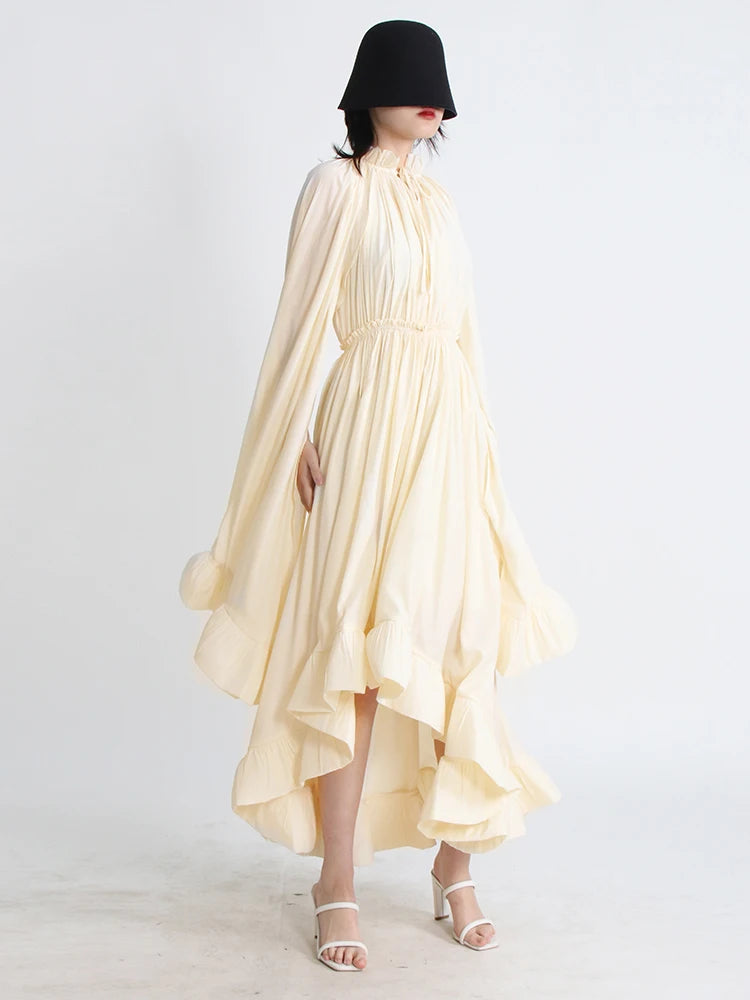 TWOTWINSTYLE Minimalist Dresses For Women V Neck Cloak Sleeve High Waist Ruffles Irregular Summer Dress Female Fashion Clothing