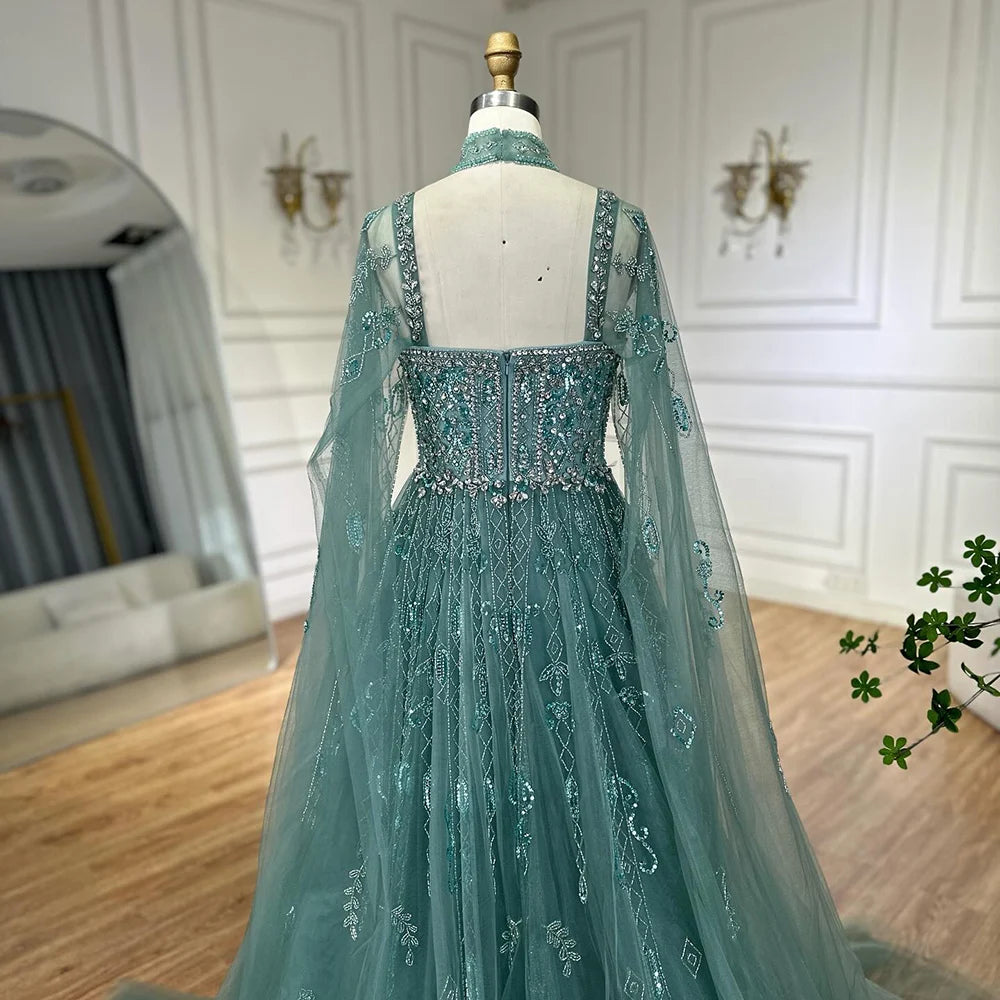 Serene Hill 2025 Arabic Nude A Line Cape Sleeve Crystal Beaded Luxury Evening Dresses Gowns Formal Occasion Customize BLA72764