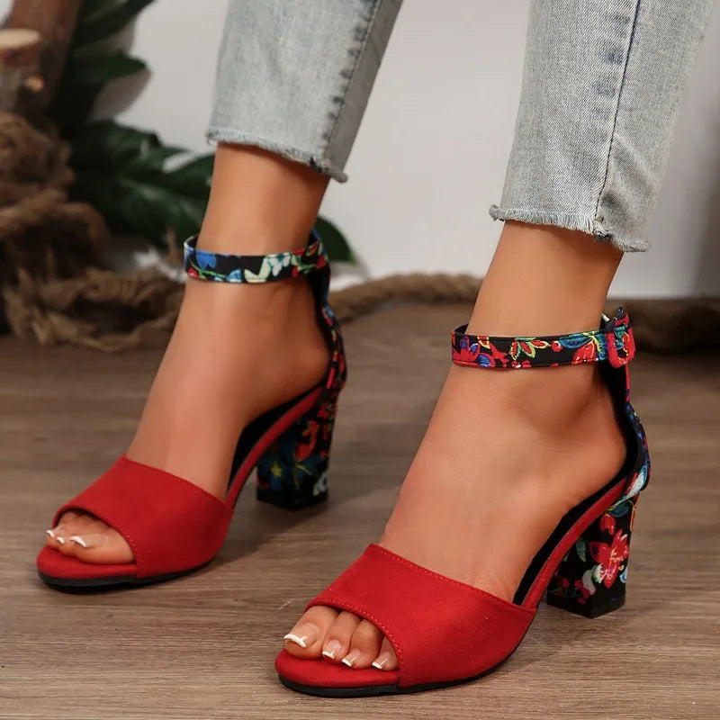 Summer New Thick Heel Sandals for Women Round Head Open-toe Line with Printed Non-slip Wear-resistant Fish Mouth High Heels