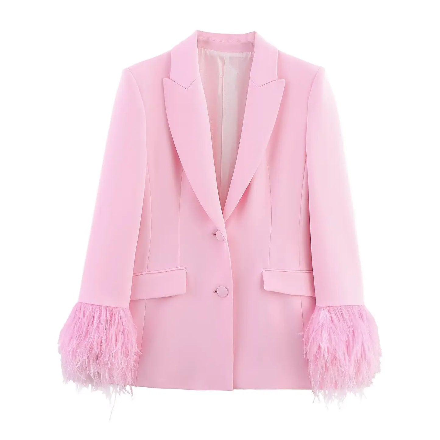 Women Fashion Pink Sets Turn-Down Collar Long Sleeves Single-Breasted Feather Blazer+High Waist Pocket Zipper Long Pants
