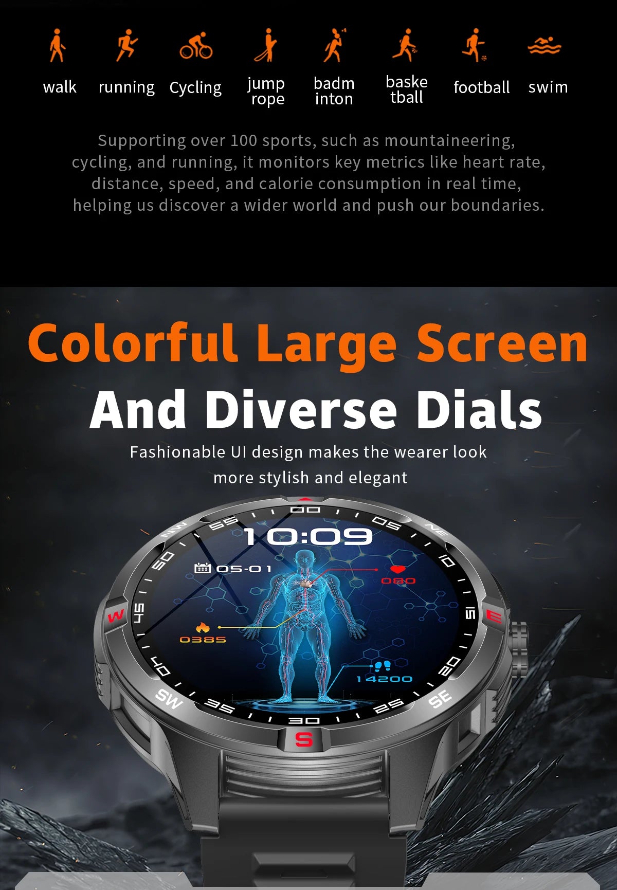 Outdoor Sports Smart Watch Men 1100mAh Large Battery Bluetooth Call 100+ Sports Modes Compass Waterproof Health Sport SmartWatch