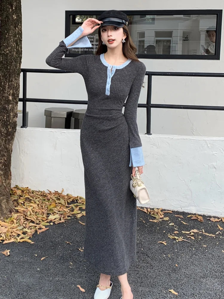 2025 Spring New Women Fashion Casual O-neck Party Dresses Ladies French Elegant Slim Waist Knitted Long Dress Vestidos Longos