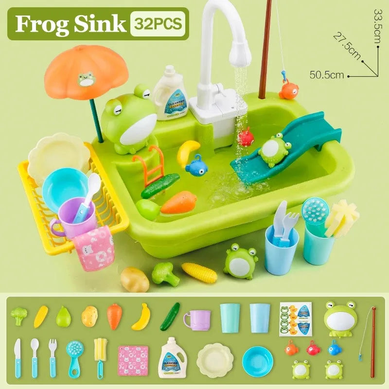 Kids Kitchen Sink Toy w/Electric Dishwasher&Running Water Pretend Play Food Fishing Game for 3+Year Old Girls Boys Birthday Gift