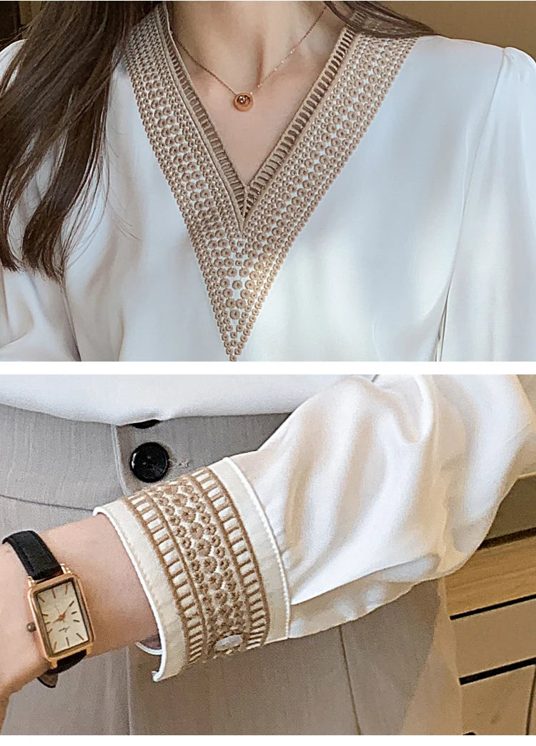 2025 Fashion Woman Blouse Stylish Autumn Office Lady Elegant Tops Korean Lace Long Sleeve V Neck Blusas White Shirts 13366