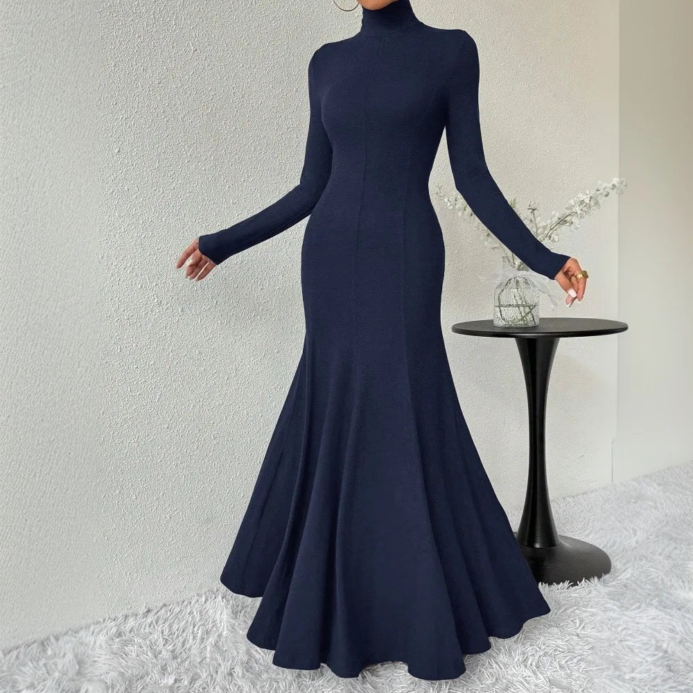 Women's Fashion Mature Style Dress Autumn Winter New High Neck Elegant Slim Fit Long Dress