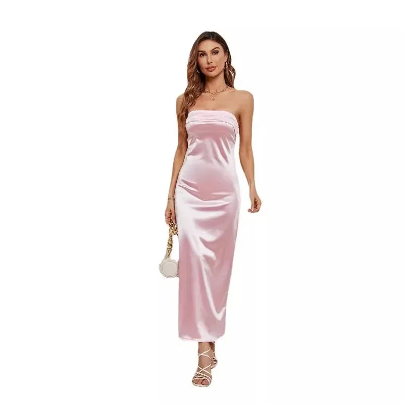 2025 New Fashion Women Sexy Dress Solid Color Wrapp Chest Elastic Backless Satin Dresses Casual Summer Bodycon Dress Party Dress