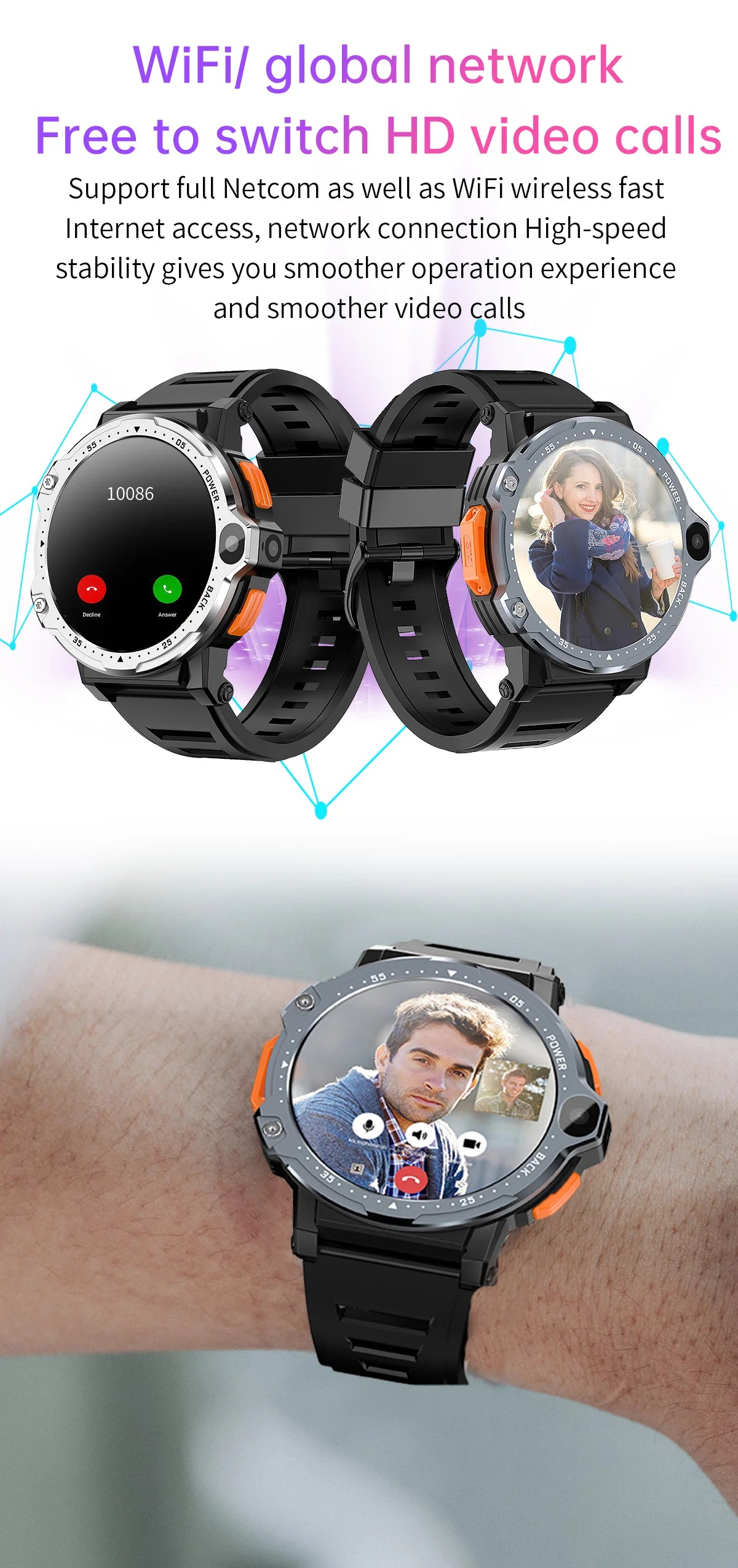Android with Wifi GPS Support Sim Card Camera Mobile Phone Smart Watches IP67 Alloy Silica Gel Male Round 2023 Newest Pg999 4g