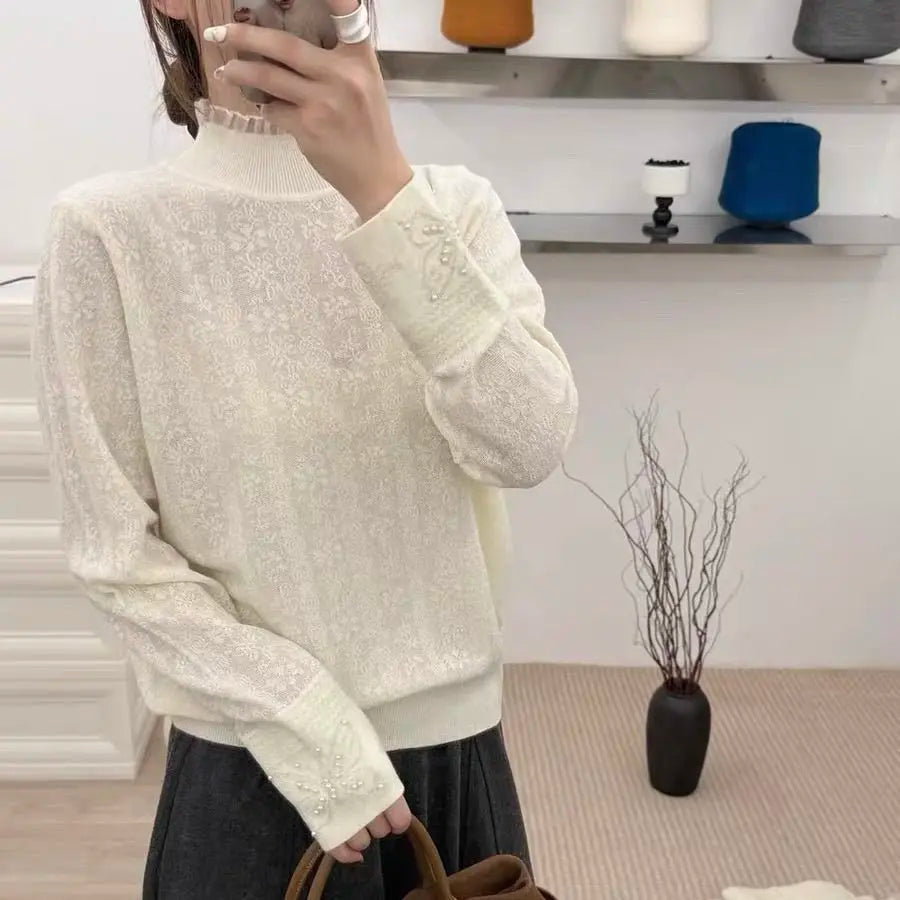 Women Clothes Autumn Winter Fashion Simplicity Lace Patchwork Knitting Half High Collar Female Solid Color Temperament Bottoming SwiftNest