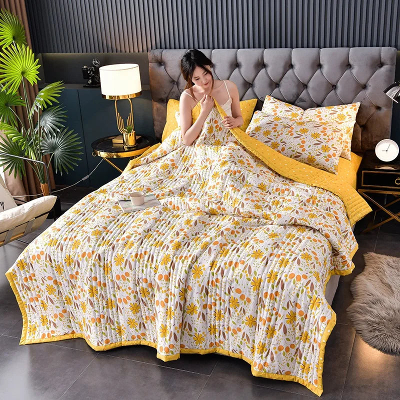 لحاف صيفي من القطن المغسول، لحاف مكيف للهواء، بطانية ناعمة وجيدة التهوية، مفرش سرير مطبوع عليه أوراق رقيقة، غطاء سرير، منسوجات منزلية