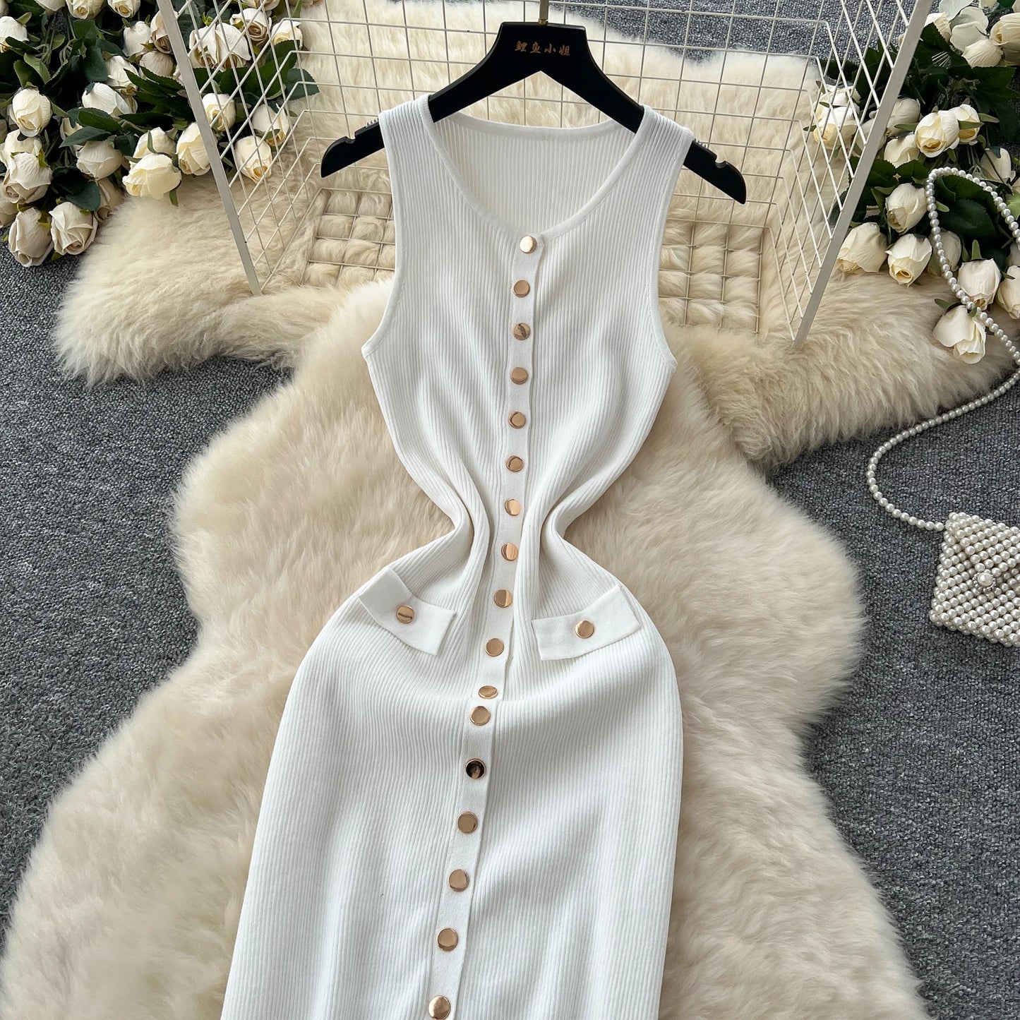 2025 New Women Chic Fashion With Golden Buttons Knitted Midi Dress O Neck Sleeveless Female Dresses Vestidos Mujer
