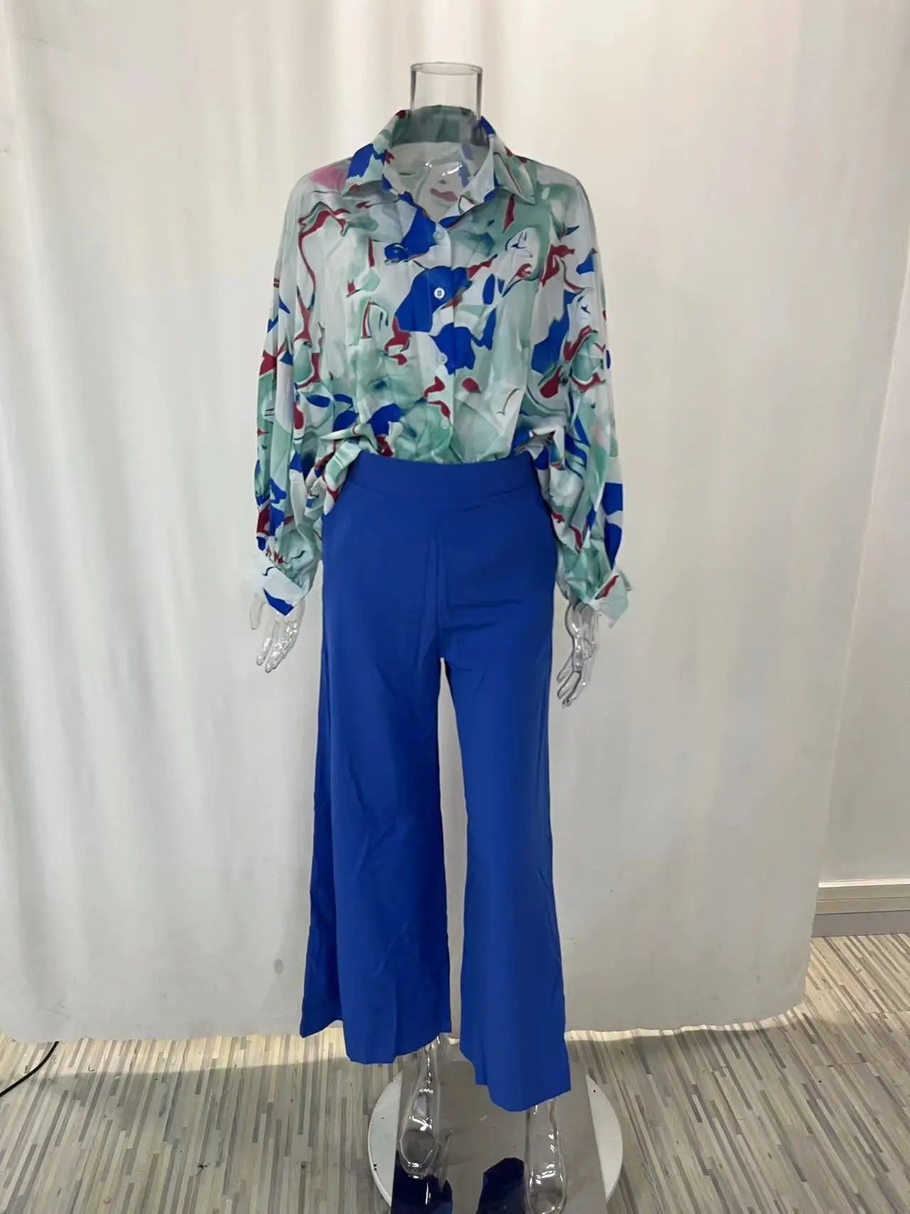 Fashion Casual Set Women 2024 Tops Shirt Elegant Wide Leg Pants Set Sense Of Design Printed Bell Sleeve Shirt Wide Leg Pants SwiftNest