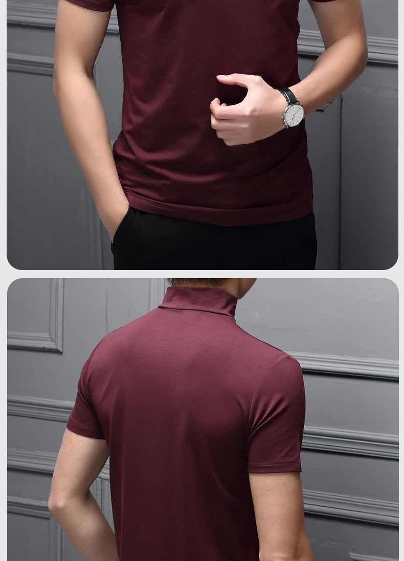 Mens Fashion T-shirt Mock Turtleneck Solid Knit Pullover Sweater Short Sleeve Casual Solid Color Dating Slim Fit Tops Undershirt