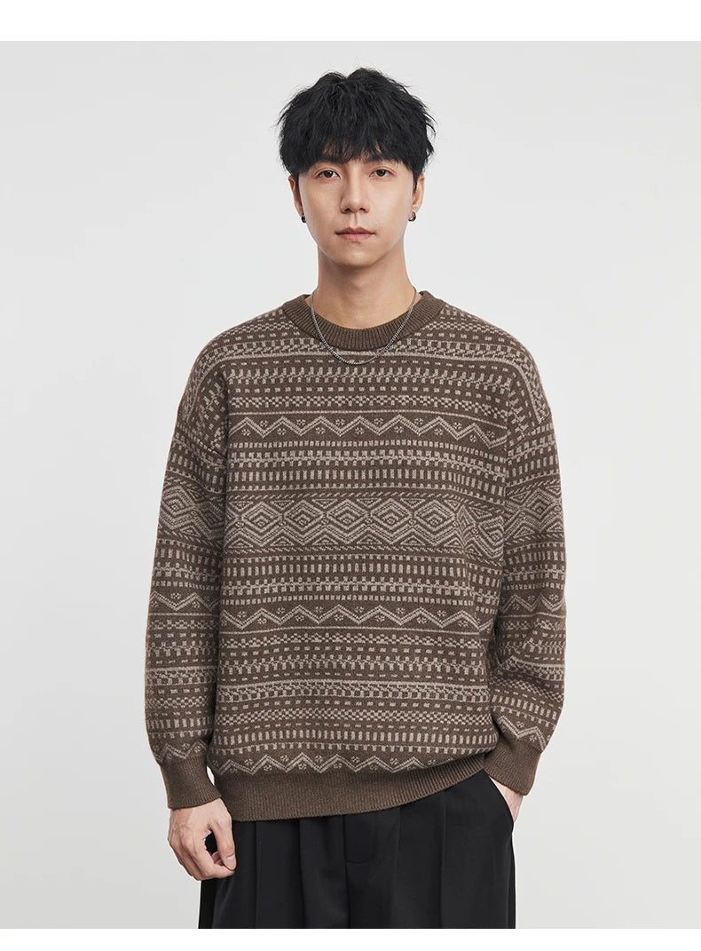 Fashion Men's Knitwear 2025 Autumn Winter New Season Lazy Fair Isle Contrast Retro Loose Crewneck Sweater Pullover