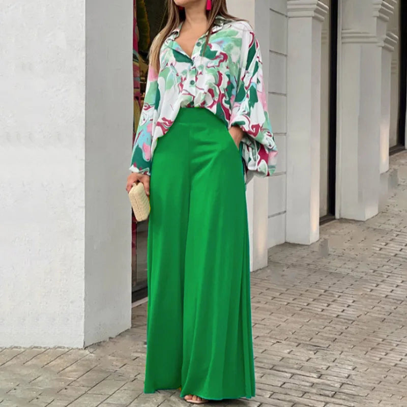 Fashion Casual Set Women 2024 Tops Shirt Elegant Wide Leg Pants Set Sense Of Design Printed Bell Sleeve Shirt Wide Leg Pants SwiftNest