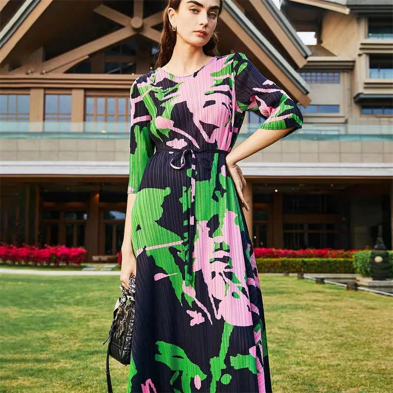 Women's Dress Womens Dresses New Pleated Fashion Temperament Loose Plus Size Dress Slim 2025 Long Skirt new Print Long Section