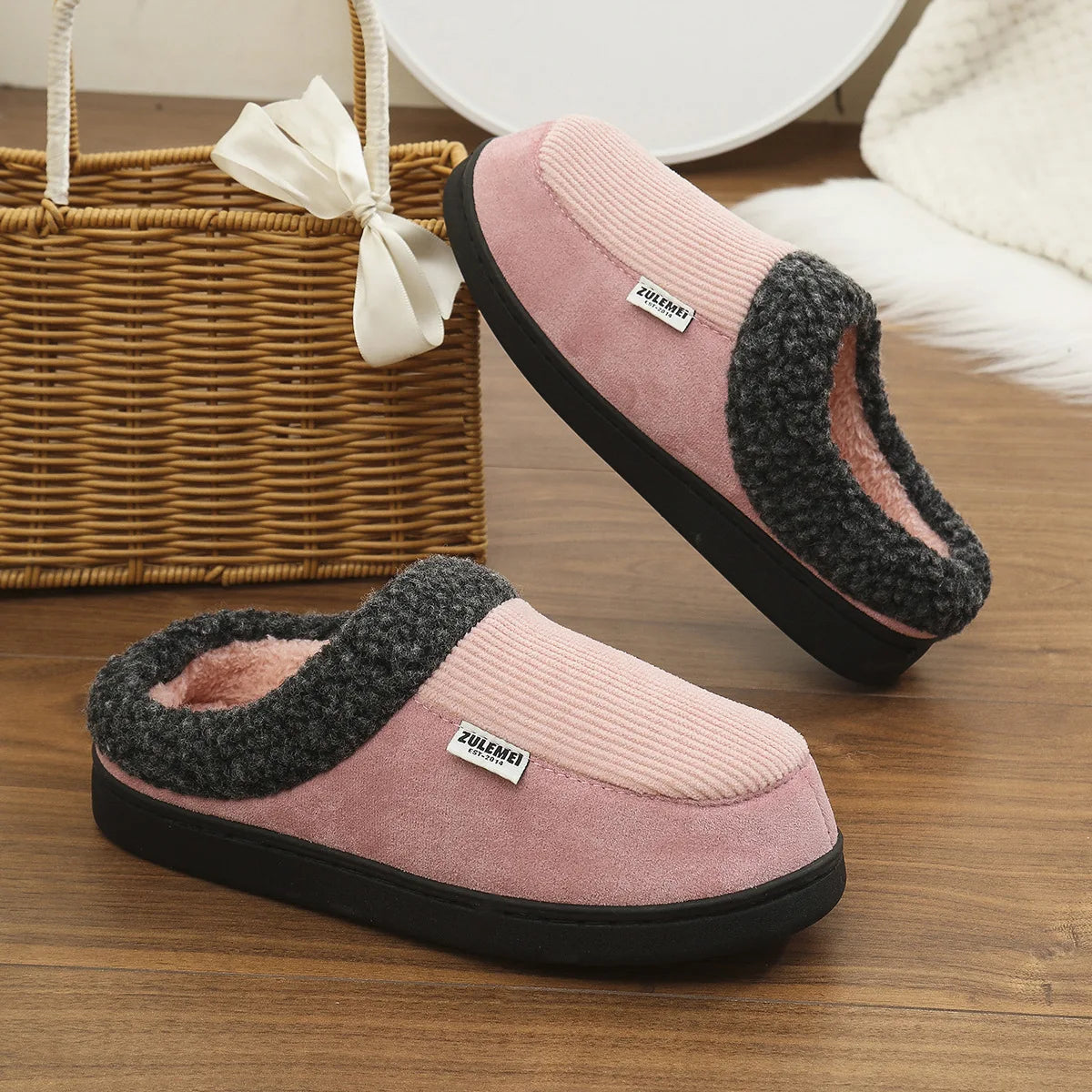 Litfun Winter Men Cotton Shoes Warm Fleece Lined Outdoor Fashion Fuzzy Slides Indoor Antiskid Short Plush Female House Slippers