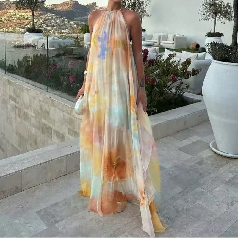 Women Fashion Pattern Print Loose Bohemian Dress Sexy Backless Hollow Party Dress Elegant Halter Sleeveless Vacation Long Dress