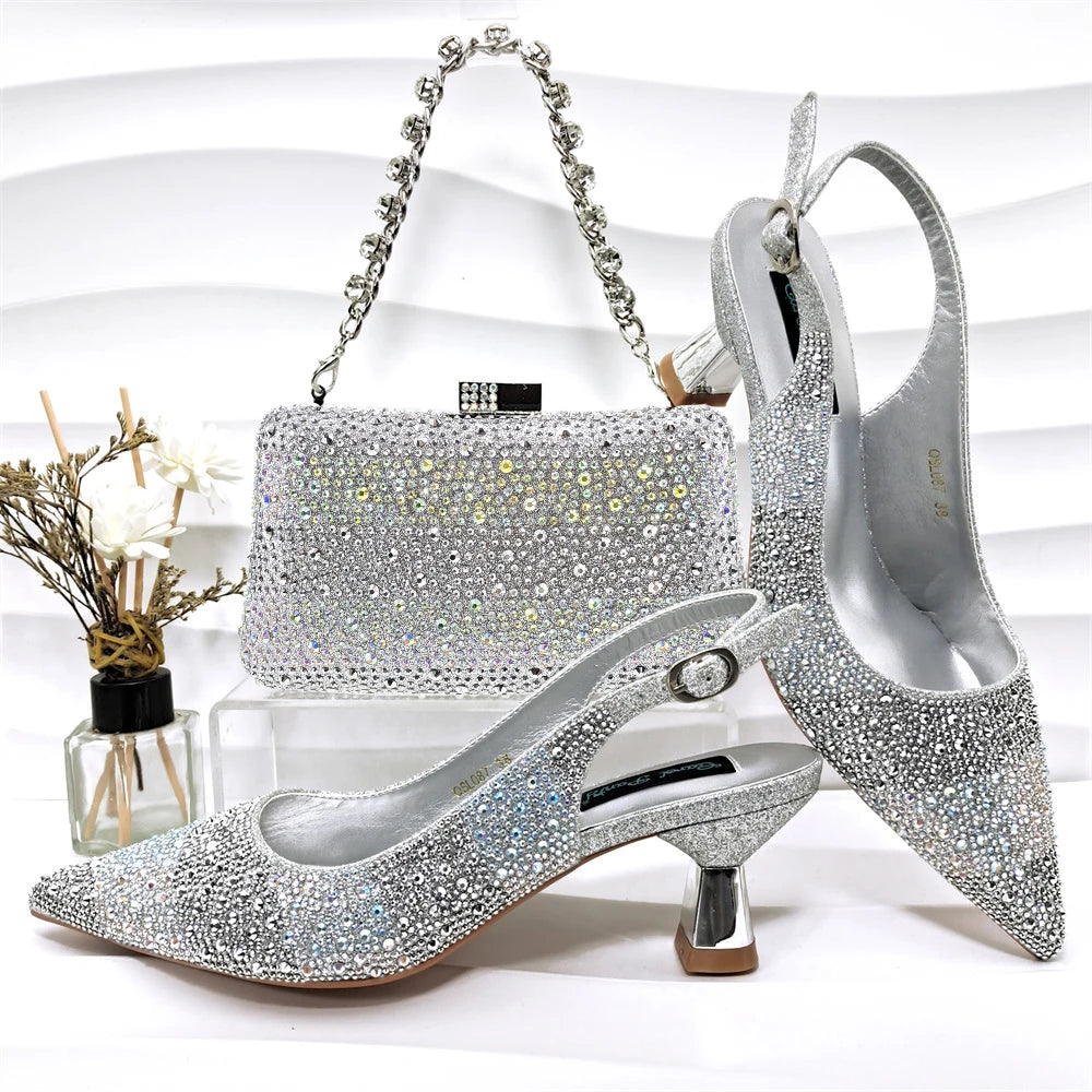 New Italian Design Stylish And Elegant Sky Blue Rhinestone Embellished Satin Pointy Toe Pumps And Clutch Bag