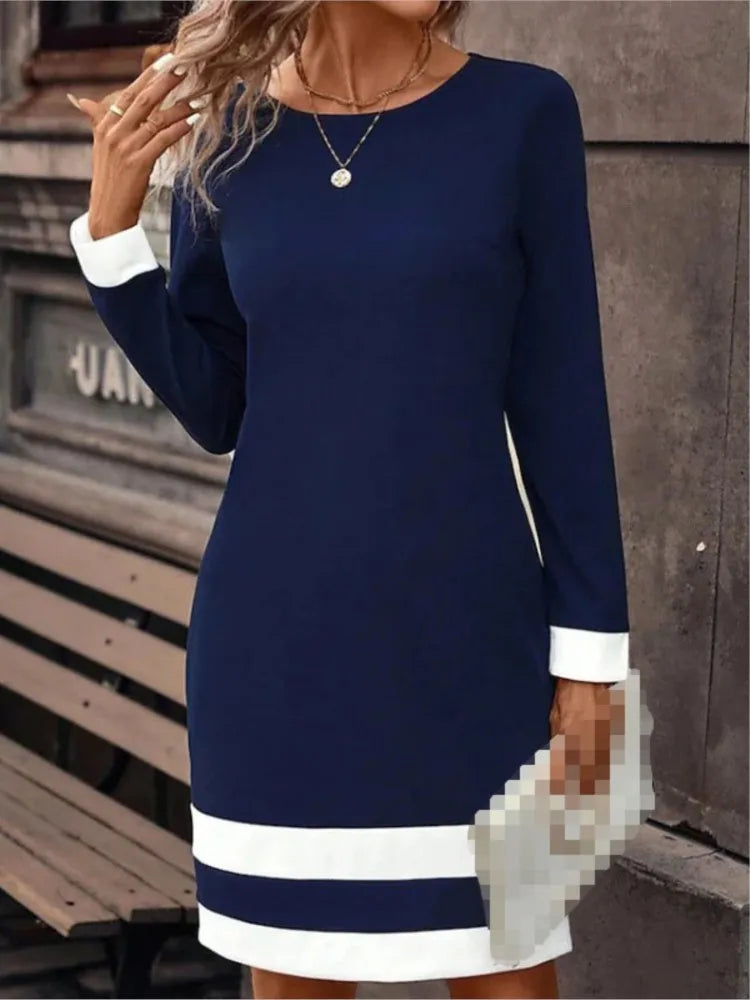 Women's New Autumn Winter Fashion Sexy Tight Fitting Color Blocked Dress Long Sleeved Round Neck Women's Clothing