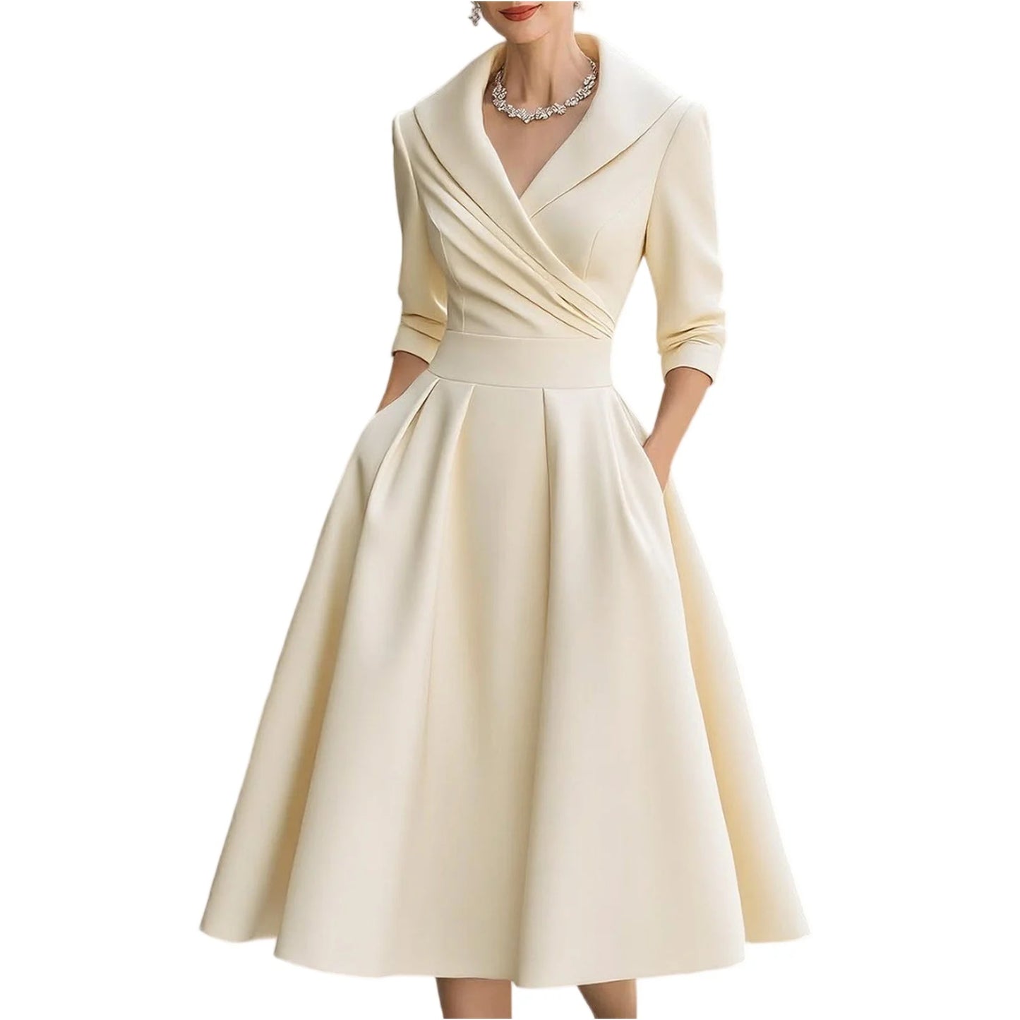 Women's Casual Fashion V-neck Retro Dress Elegant Waist Slimming Long-sleeved Party Dress Solid Color High Waist Commute Dress