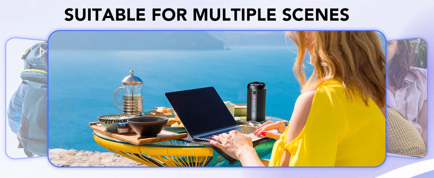 مكبر صوت محمول بتقنية بلوتوث، مكبر صوت بتقنية بلوتوث 5.4، مكبر صوت مزدوج بقوة 30 وات، صوت جهير عميق، مدة تشغيل تصل إلى 30 ساعة، 3 أوضاع معادل صوت، أضواء RGB ملونة