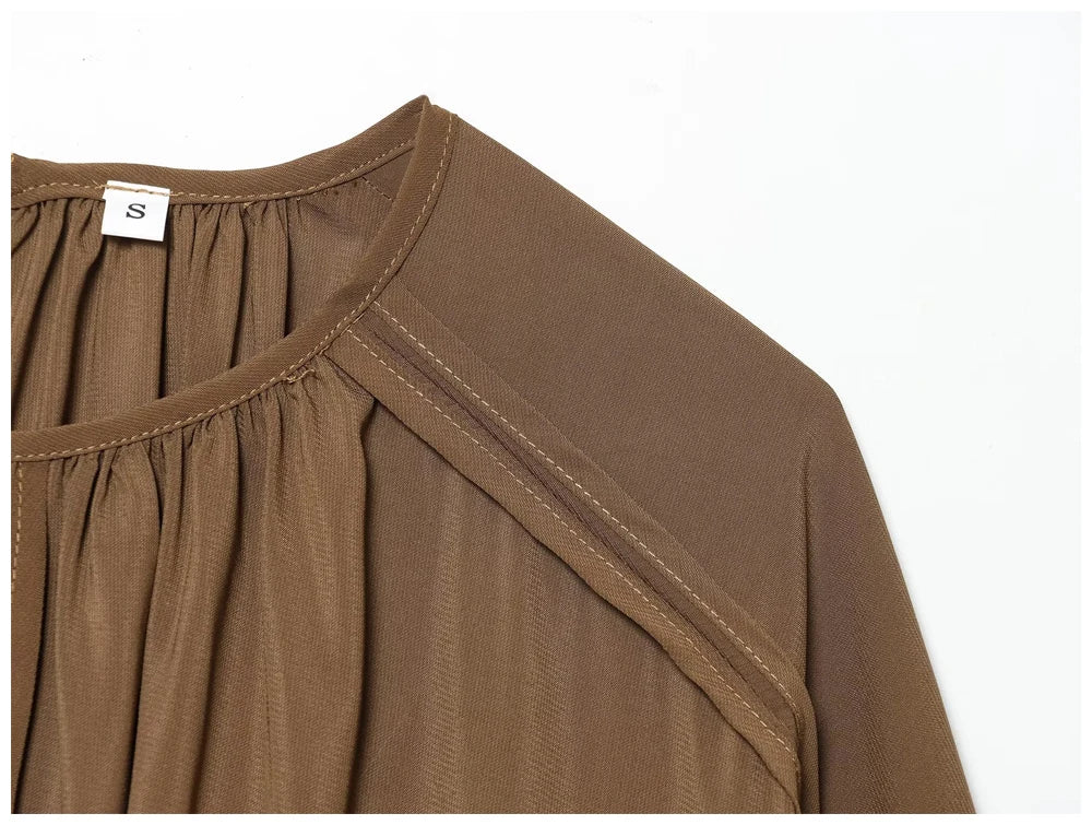 Womens Fashion Blouse Top With Ruffled Round Neck Long Sleeves And Asymmetrical Chiffon Shirt Autumn And Winter Casual Wear