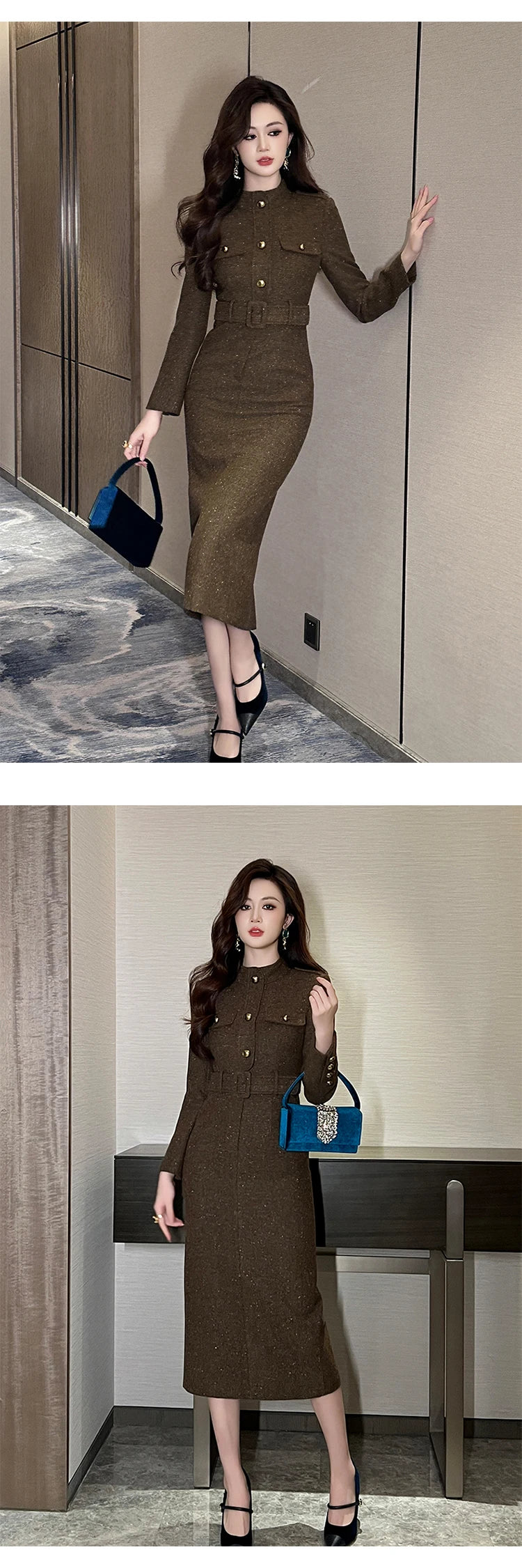 فستان رسمي أنيق للنساء، فستان نسائي احترافي عتيق بحزام صدر واحد، رداء متوسط ​​الطول، فستان حفلات عمل نسائي