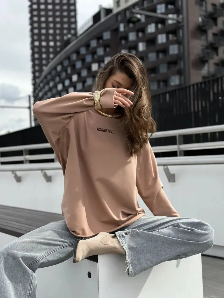 Women's Clothing Spring Loose Solid Color Round Neck Long Sleeve Tops Casual Fashion Simple Style All-match Trendy Comfortable