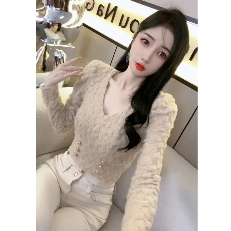 Women Clothes Spring Autumn Fashion Simplicity Elegant All-match Temperament Solid Color V-neck Puff Sleeve Button Long Sleeve T