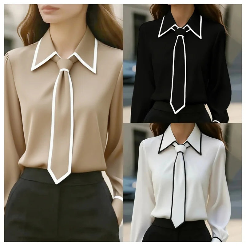 Women Elegant Fashion Lace up Patchwork Blouse Spring Autumn Casual Long Sleeve Lapel Shirt Office Lady French Shirt Tops 2025