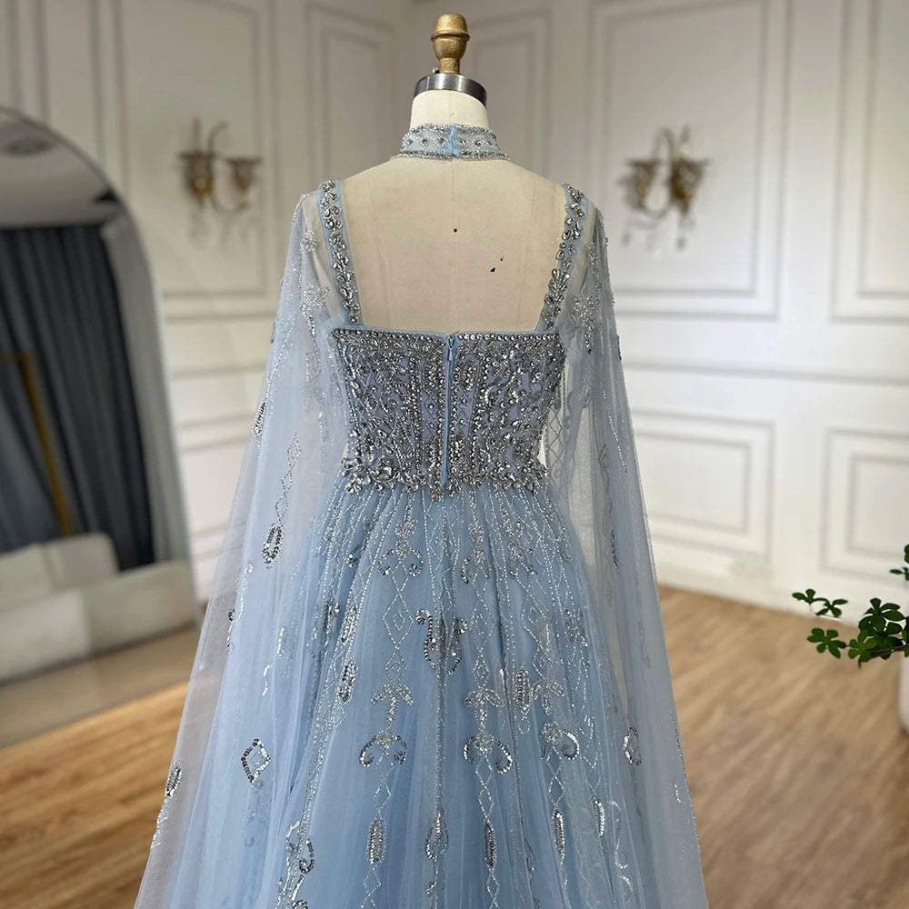 Serene Hill 2025 Arabic Nude A Line Cape Sleeve Crystal Beaded Luxury Evening Dresses Gowns Formal Occasion Customize BLA72764