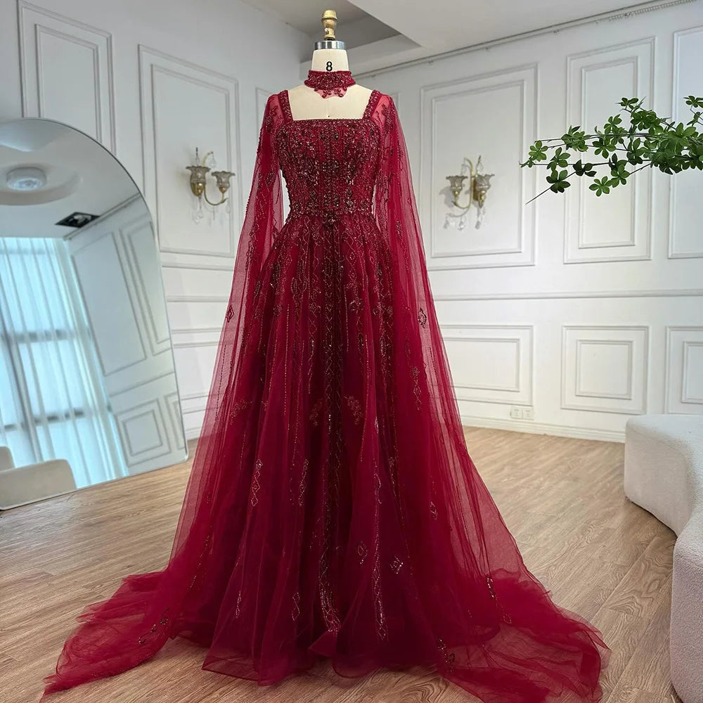 Serene Hill 2025 Arabic Nude A Line Cape Sleeve Crystal Beaded Luxury Evening Dresses Gowns Formal Occasion Customize BLA72764