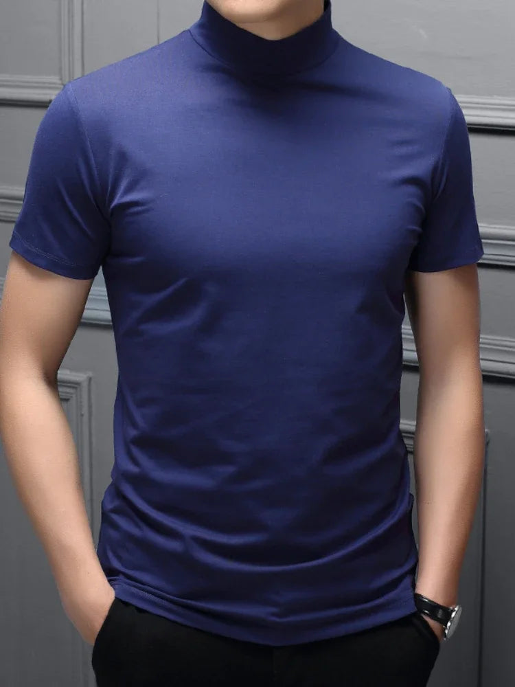 Mens Fashion T-shirt Mock Turtleneck Solid Knit Pullover Sweater Short Sleeve Casual Solid Color Dating Slim Fit Tops Undershirt
