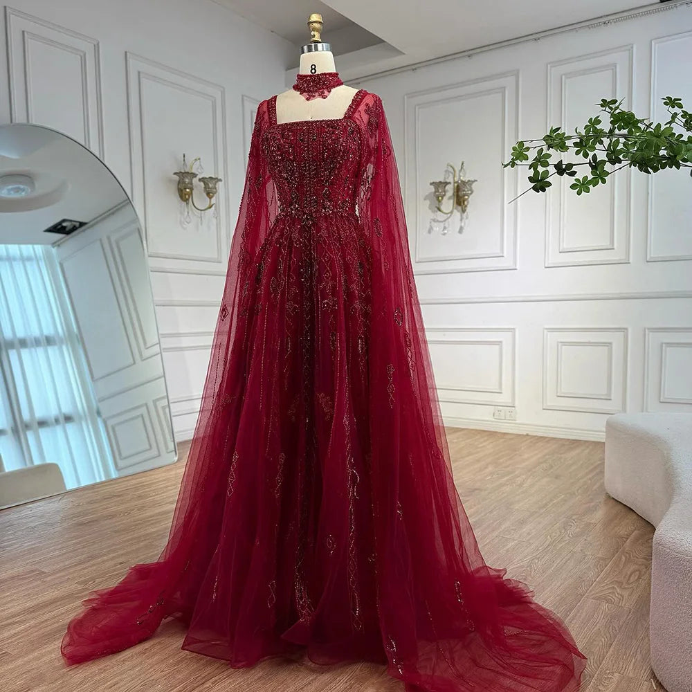 Serene Hill 2025 Arabic Nude A Line Cape Sleeve Crystal Beaded Luxury Evening Dresses Gowns Formal Occasion Customize BLA72764