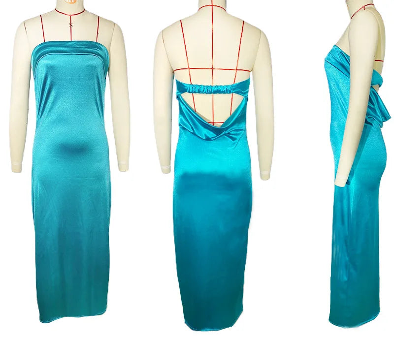 2025 New Fashion Women Sexy Dress Solid Color Wrapp Chest Elastic Backless Satin Dresses Casual Summer Bodycon Dress Party Dress