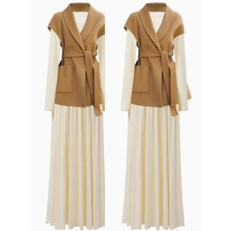 سترة صوف أنيقة للنساء لخريف وشتاء، صدرية متوسطة الطول من الصوف على الوجهين، سترة أنيقة للنساء مع مشبك على شكل حصان