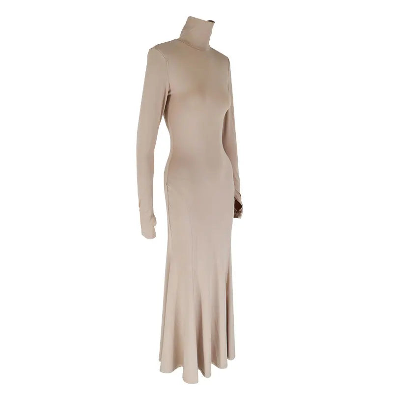 فساتين نسائية خريف وشتاء جديدة مثيرة سادة بدون ظهر أنيقة فستان كاجوال أنيق بأكمام طويلة ورقبة مدورة رفيعة