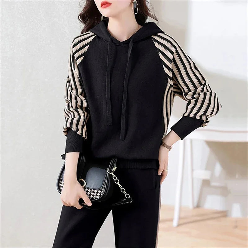Fashion Autumn Women 2 Pieces Sets Casual Hooded Patchwork Loose Knitted Sweater Sports Harlan Pants Suits Winter Sportswear SwiftNest