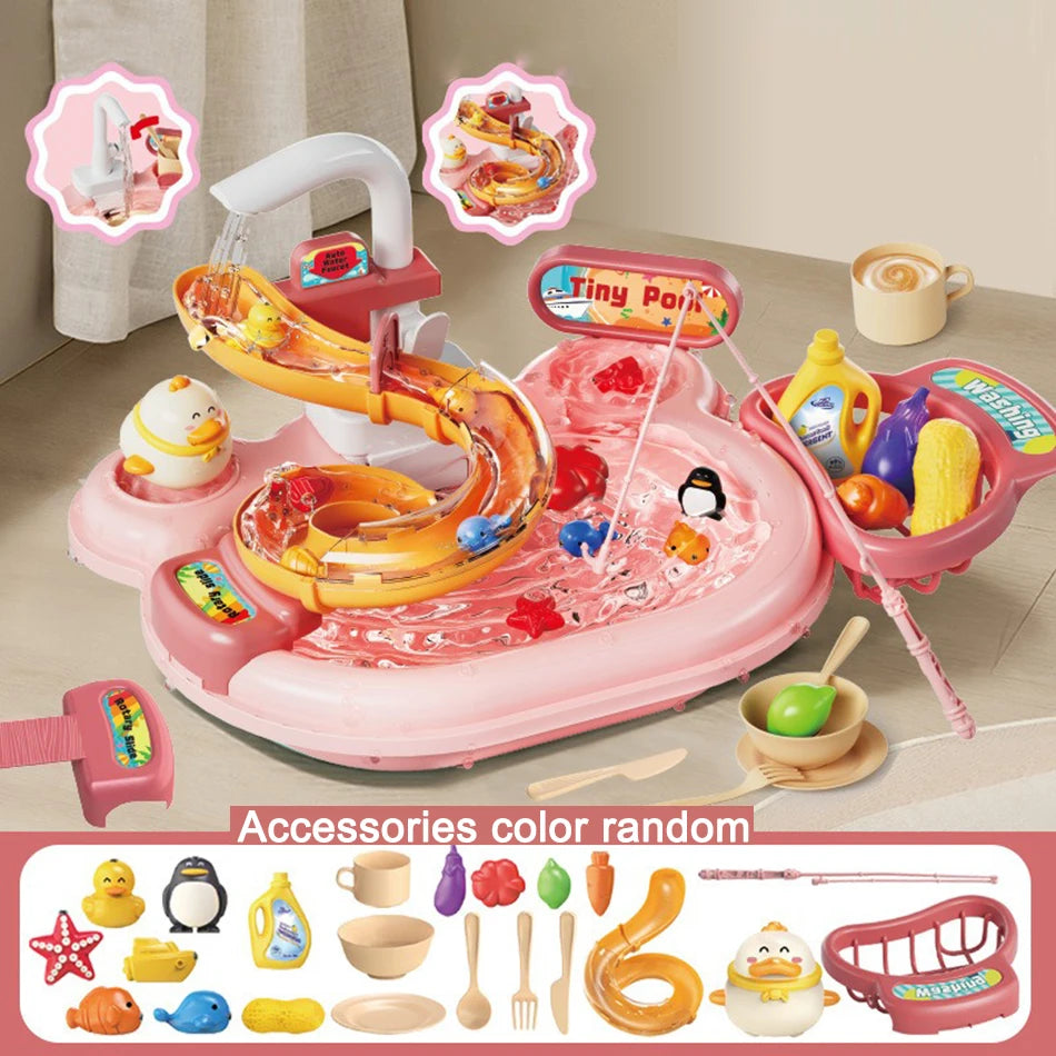 ألعاب حوض المطبخ للأطفال، غسالة أطباق كهربائية، لعبة مع مياه جارية، لعبة صيد طعام، لعبة لعب الأدوار، هدية للبنات