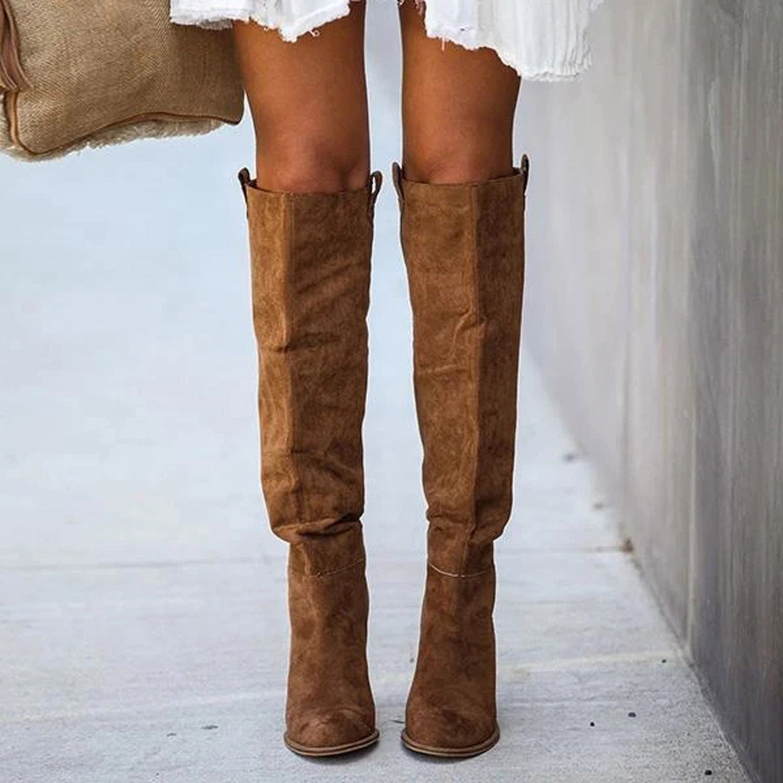 Winter Women Shoes Sexy High Pointed Toe Solid Color Slip-On Flock Warm Over The Knee Boots Ladies Mature Party Elegant Boots