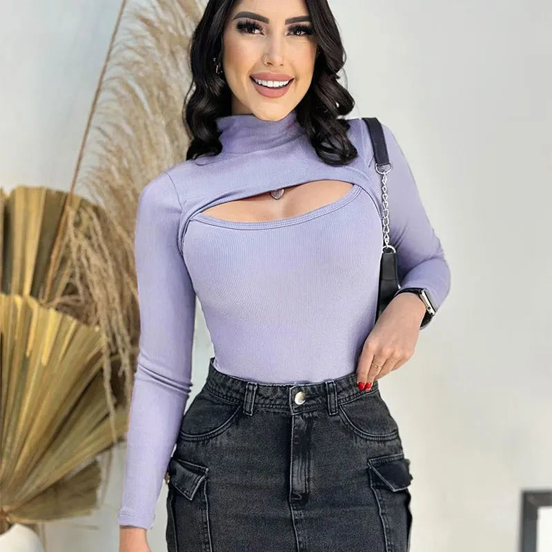 Women Fashion T-shirt New Autumn Winter Sexy Hollow Out Versatile Turtleneck Tees Casual Slim Streetwear Long Sleeves T-shirt