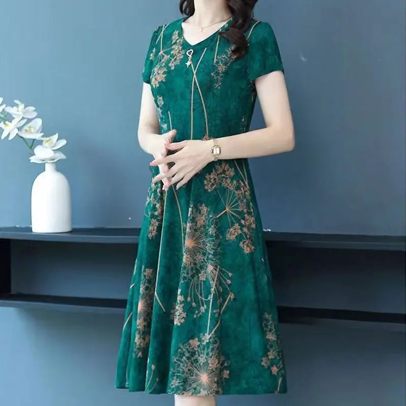 Women's Clothing Fashion Short Sleeve Midi Dress Vintage Printed 2025 Summer A-Line Waist Commute Elegant V-Neck Spliced Dresses SwiftNest