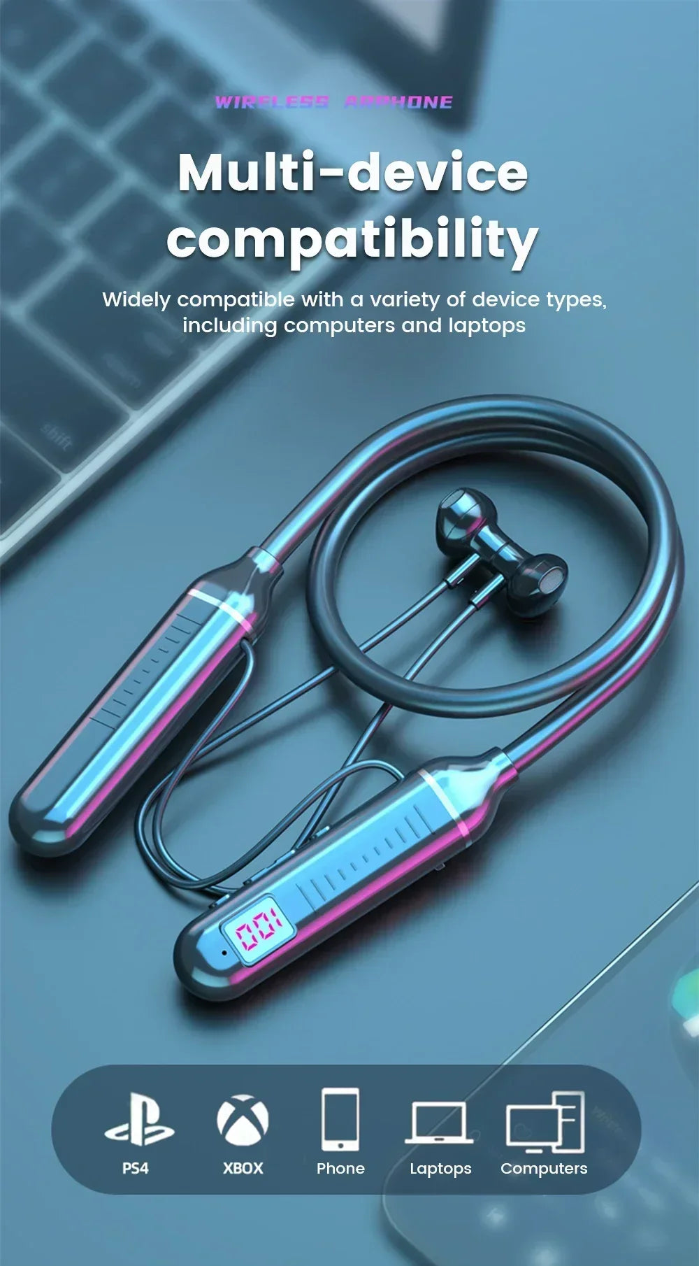 Bluetooth 5.2 Earphones Neckband Headphones TWS Wireless Headsets HiFi Stereo LED Digital Display Dual Mode Waterproof Earbuds