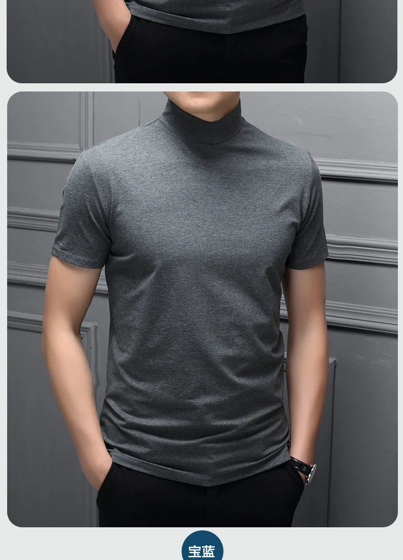 Mens Fashion T-shirt Mock Turtleneck Solid Knit Pullover Sweater Short Sleeve Casual Solid Color Dating Slim Fit Tops Undershirt