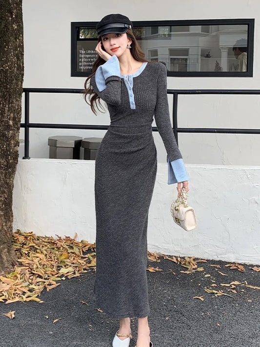 2025 Spring New Women Fashion Casual O-neck Party Dresses Ladies French Elegant Slim Waist Knitted Long Dress Vestidos Longos