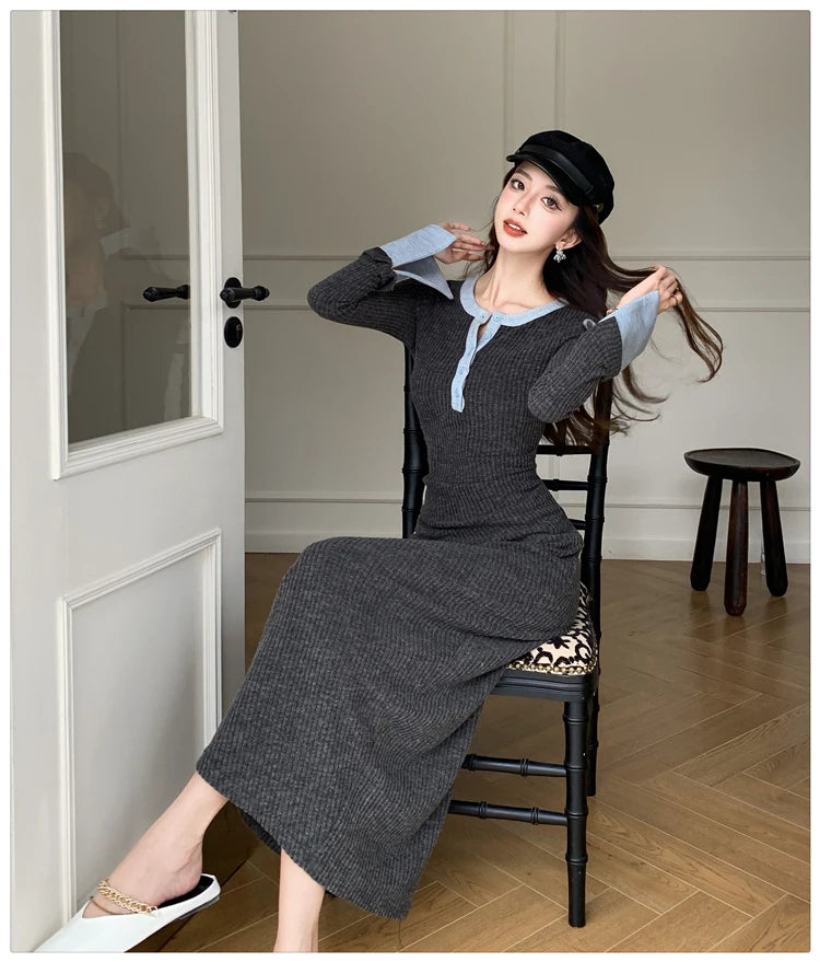 2025 Spring New Women Fashion Casual O-neck Party Dresses Ladies French Elegant Slim Waist Knitted Long Dress Vestidos Longos