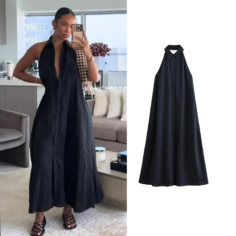 Women's 2025 New Dresses Summer Chic Elegant Loose Hanging Neck Long Dress Women's Holiday Street Fashion Youth Dress